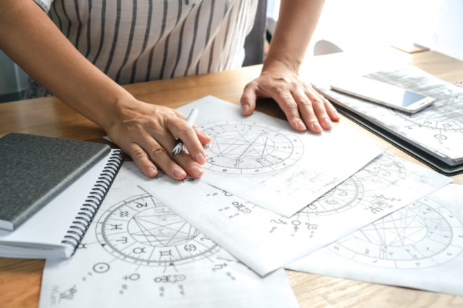 Astrology. Astrologer calculates a natal chart and makes a forecast of fate. Astrological forecast, mysticism, science. Astrological background.